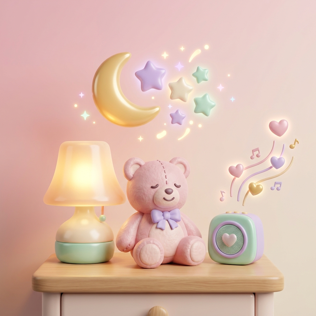 Scène cosy : lampe douce, peluche, étoiles et son apaisant